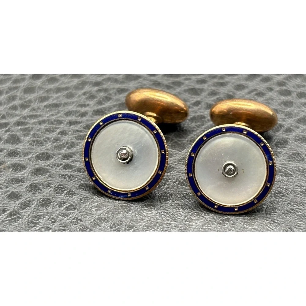 Carter & Howe 14K Gold Mother of Pearl Blue Enamel Diamond Cufflinks Art Deco